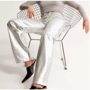 NWT WAYF Luxury Metallic Silver High Rise Vegan Leather Pants size large